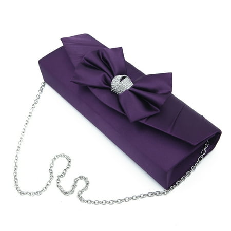 Bow Satin Crystals - Elegant Satin Flap Bow Crystal Clutch Evening Bag