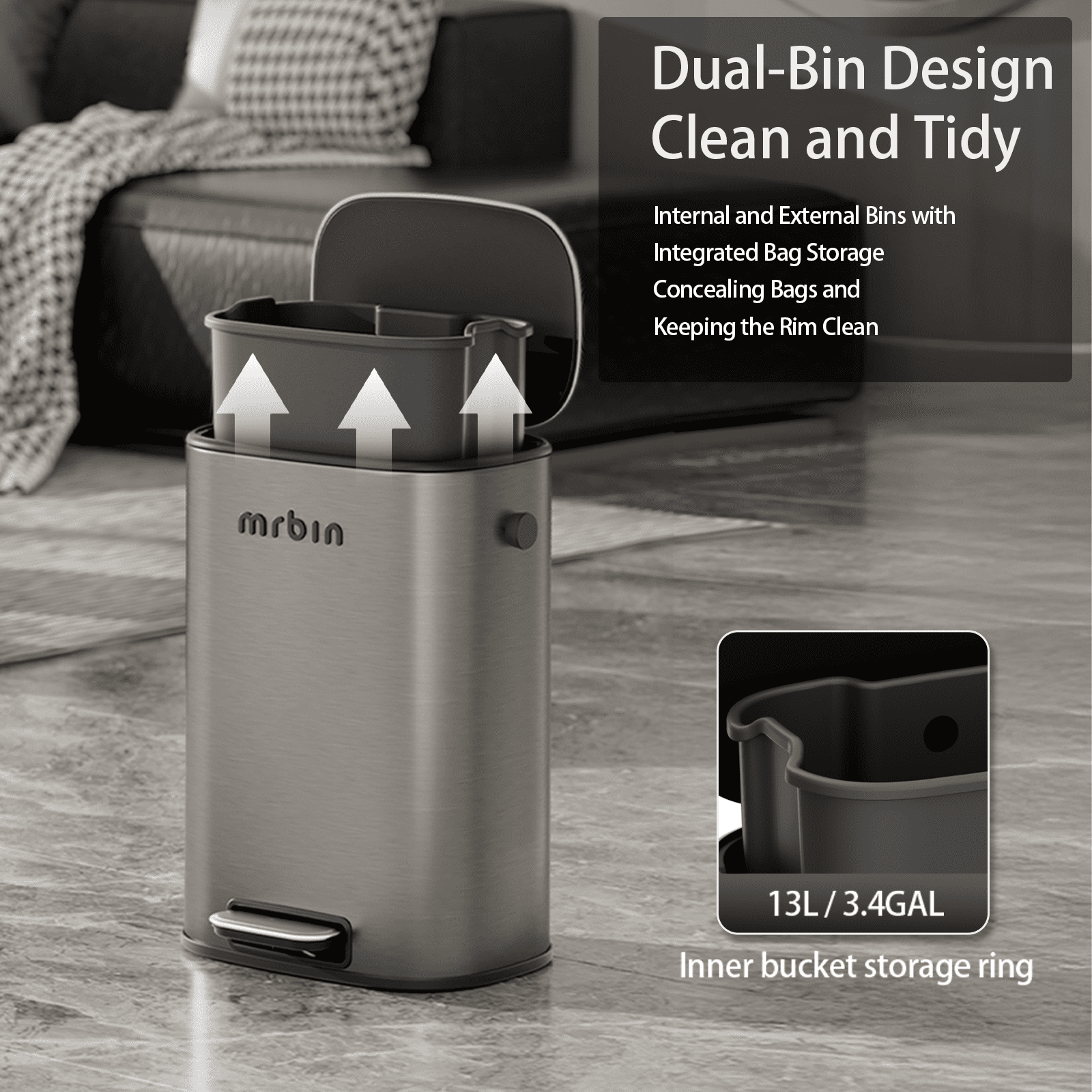 MRBIN Stainless Steel Bathroom Trash Can with Lid, 12L / 3.2gal Step Metal Toilet Waste Basket Soft Close, Small Foot Pedal Garbage Bucket Eclipse-Grey for Bedroom, Restroom, Kitchen, Rv
