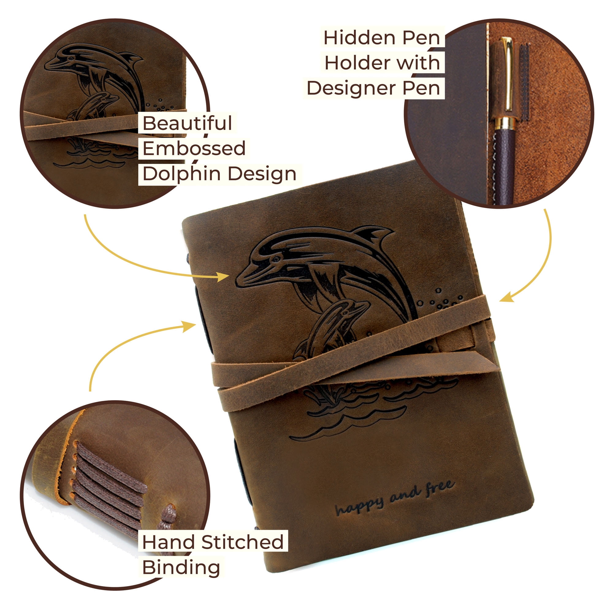 Leather Bound Journal for Men and Women, Handmade Gift Set with Dolphin Embossed Journal and Stylish Pen, Vintage and Classic, Notebook, Sketchbook, Planner and Diary (300 Pages) (8x6")