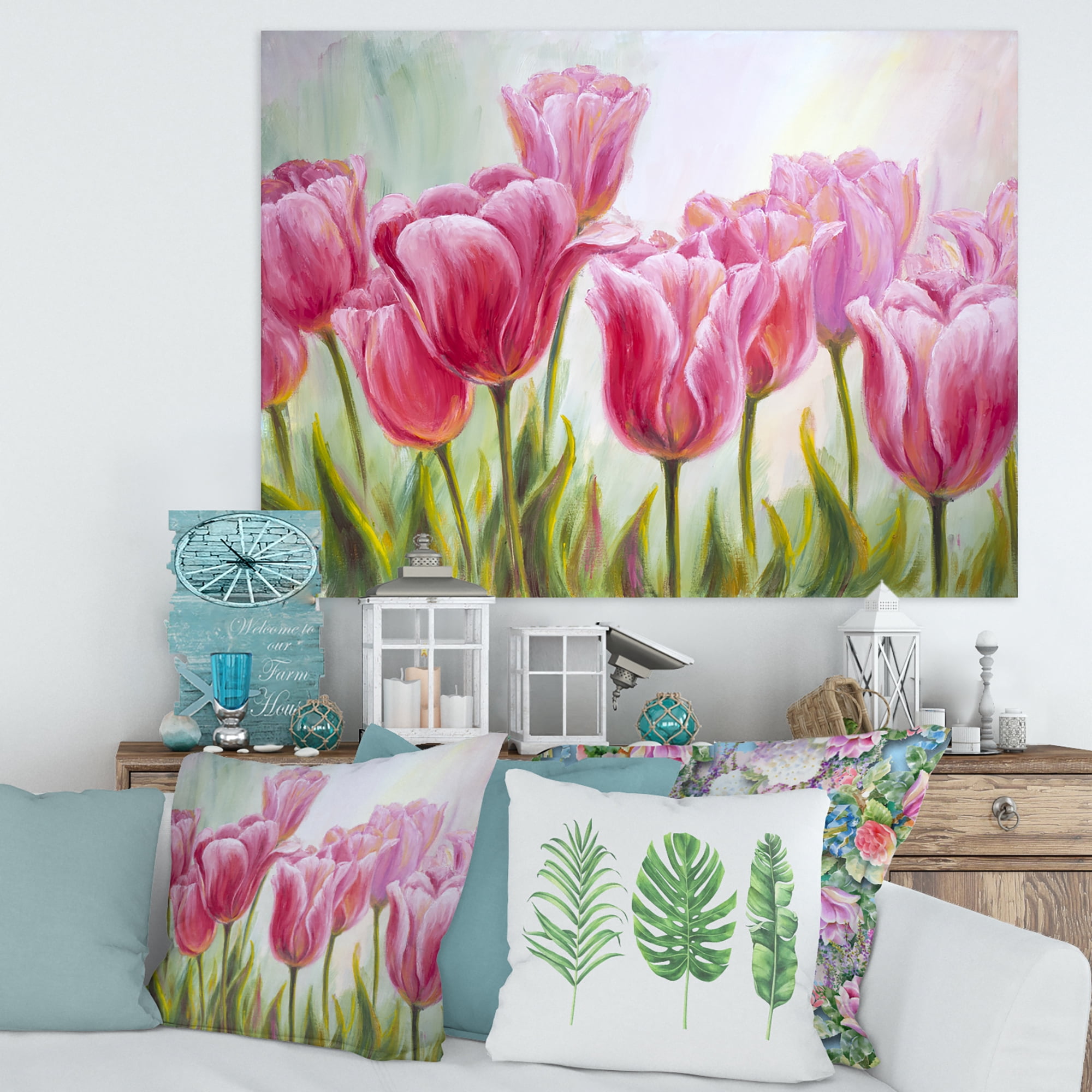 Designart ' Blossoming Red and Pink Tulips Flowers ' Traditional Canvas Wall Art Print