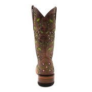 Women's Ferrini Blossom Leather Boots Handcrafted Square Toe Brown