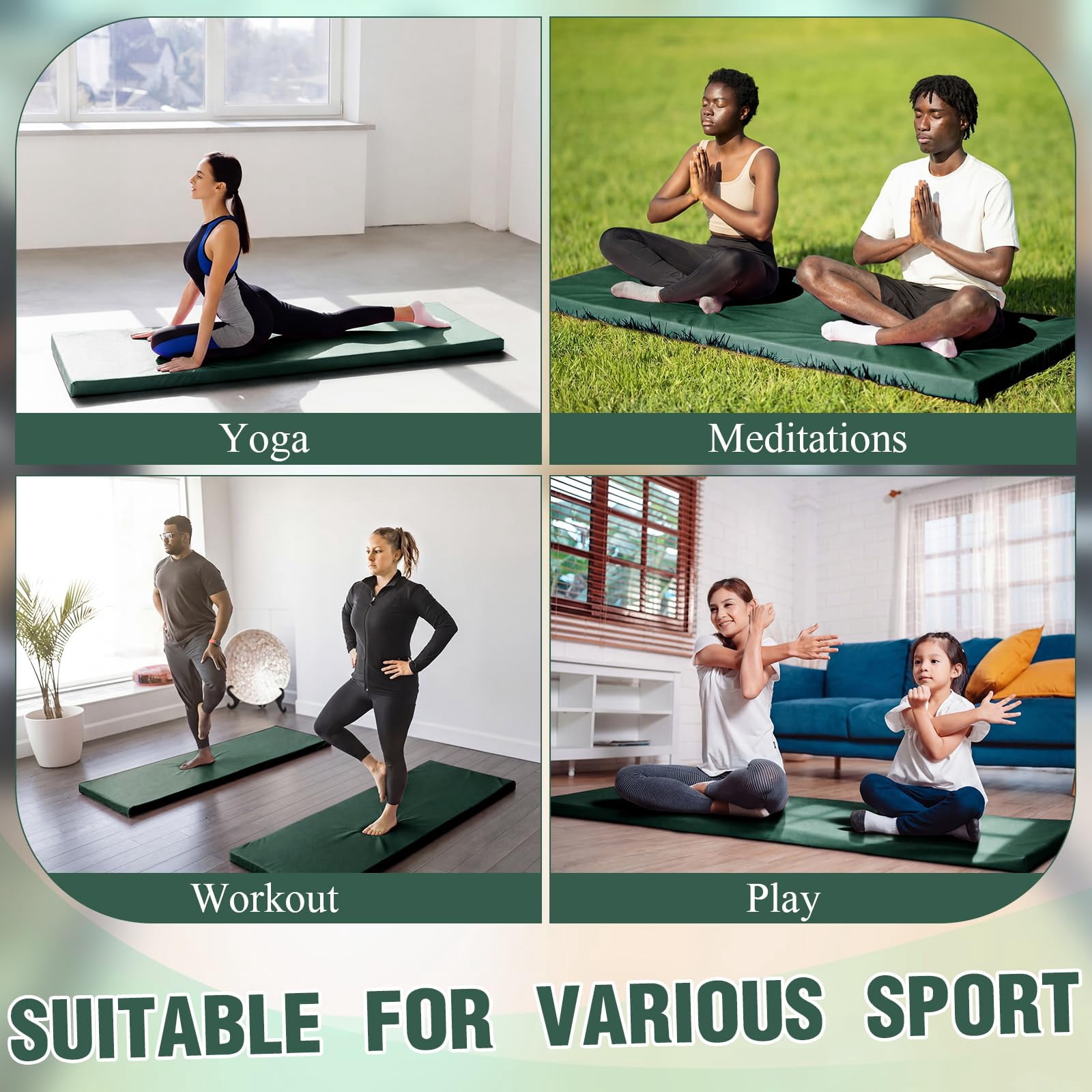 Dark Green Foldable Yoga Mat 2 Inch 72"x24" Thick With Carry Strap For Pilates And Stretching