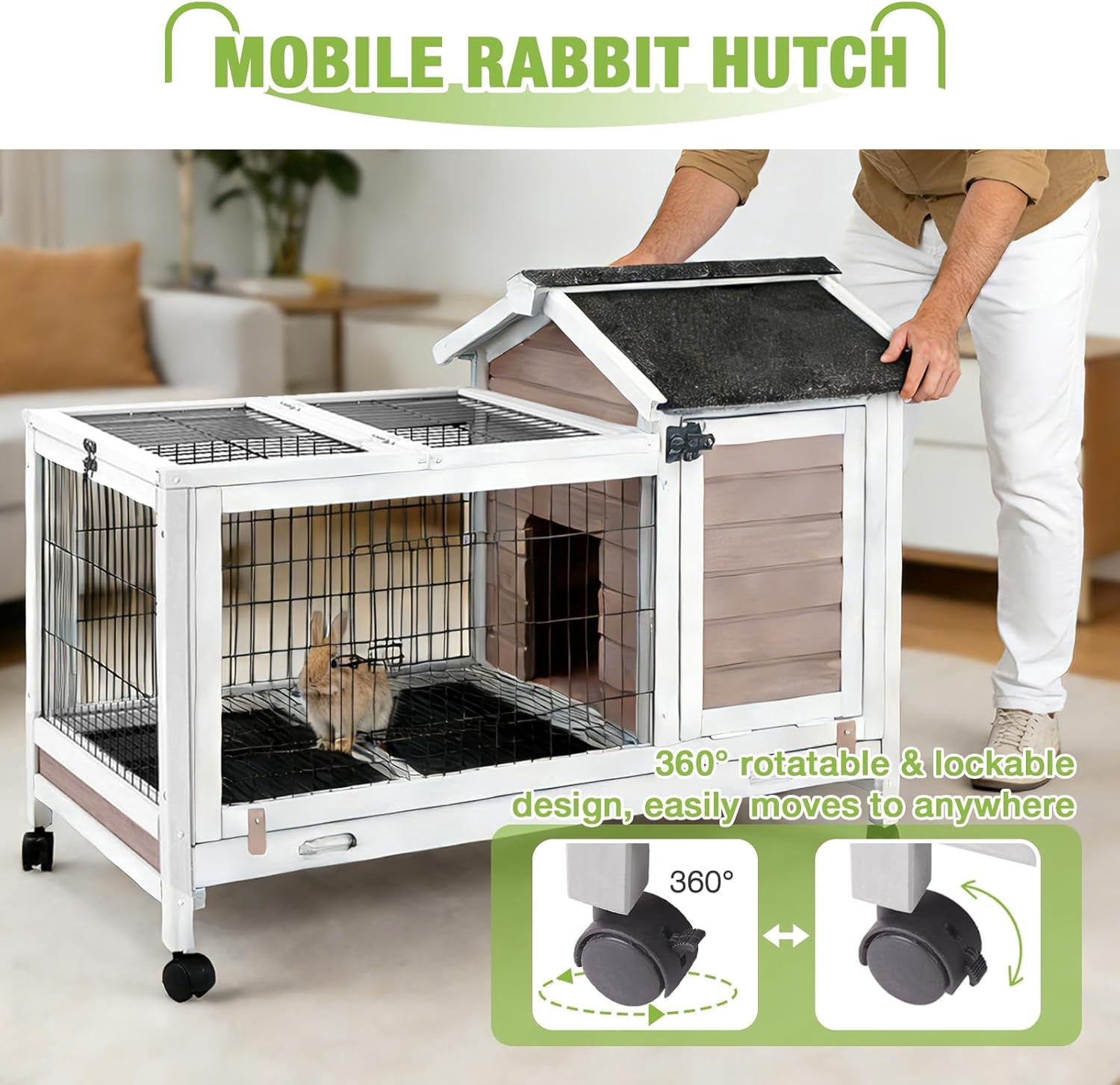 Aivituvin Rabbit Hutch Indoor and Outdoor, Wooden Rabbit Cage with Wheels, Mobile Bunny House with Leakproof Tray and Removable Wire Floor, Guinea Pig Cage with Run (Brown)