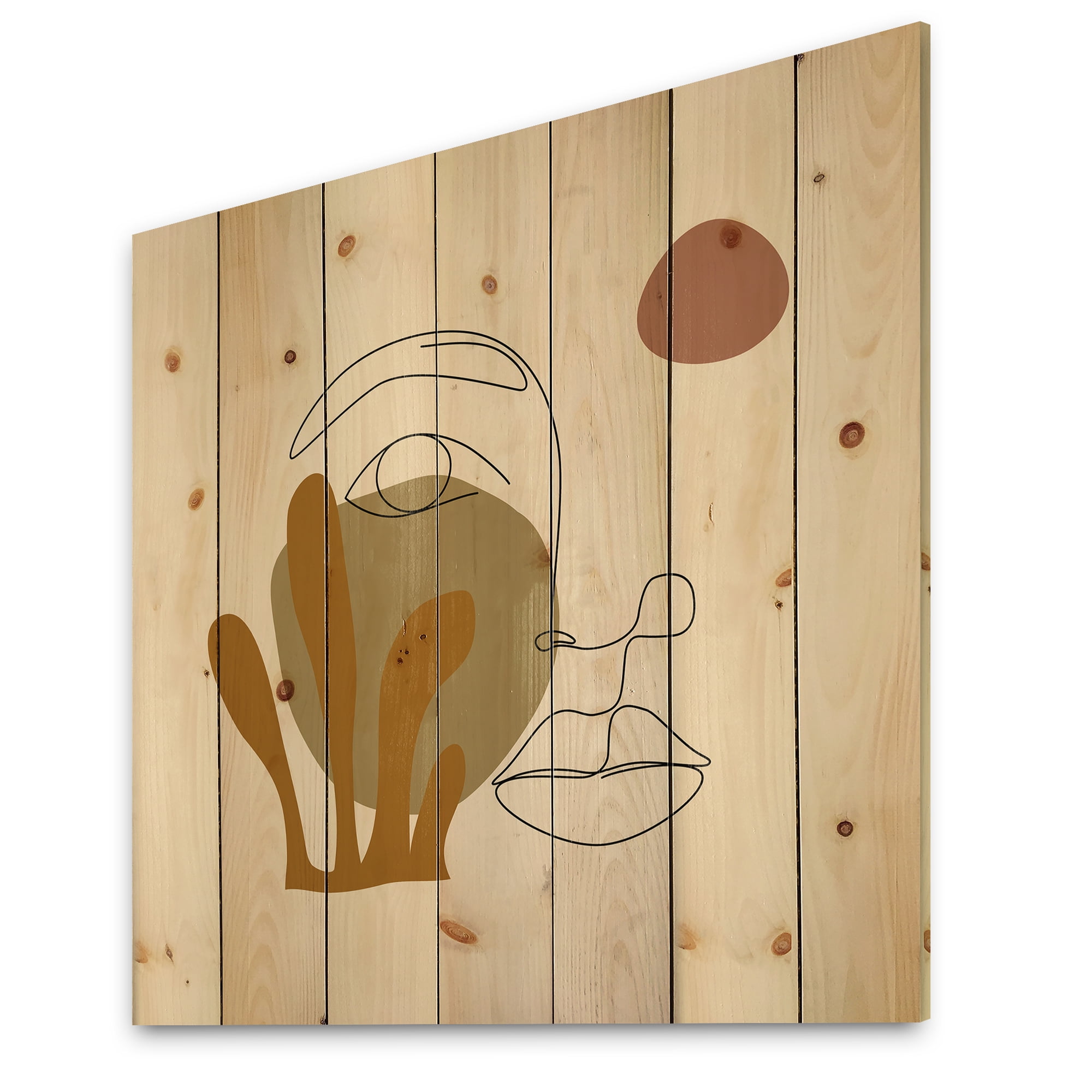 Designart 'One Line Art Portrait of Female In Terracotta Tones' Modern Print on Natural Pine Wood