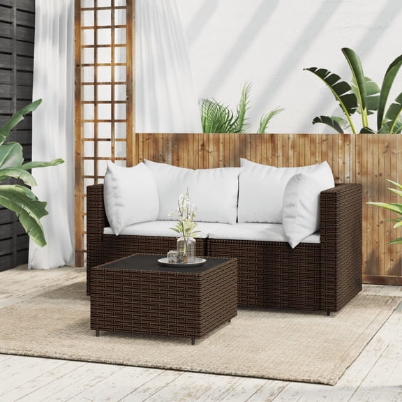 vidaXL 3 Piece PE Rattan Outdoor Dining Set with Corner Sofa and Seat Cushion, Brown/Cream White