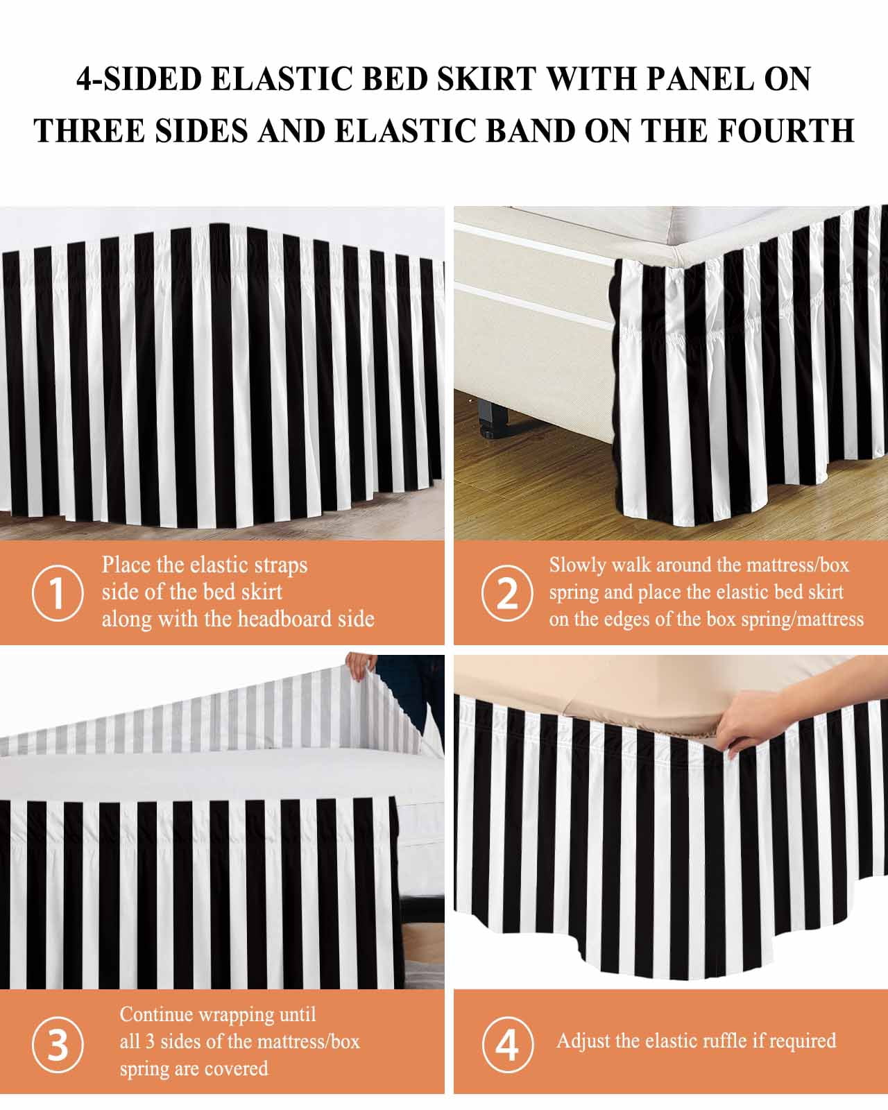 Black and Bed Skirt King Size 16" Drop White Stripe Ruffled Wrap Around Bed Skirts Adjustable Elastic Bedskirt Dust Ruffle for King Size Bed