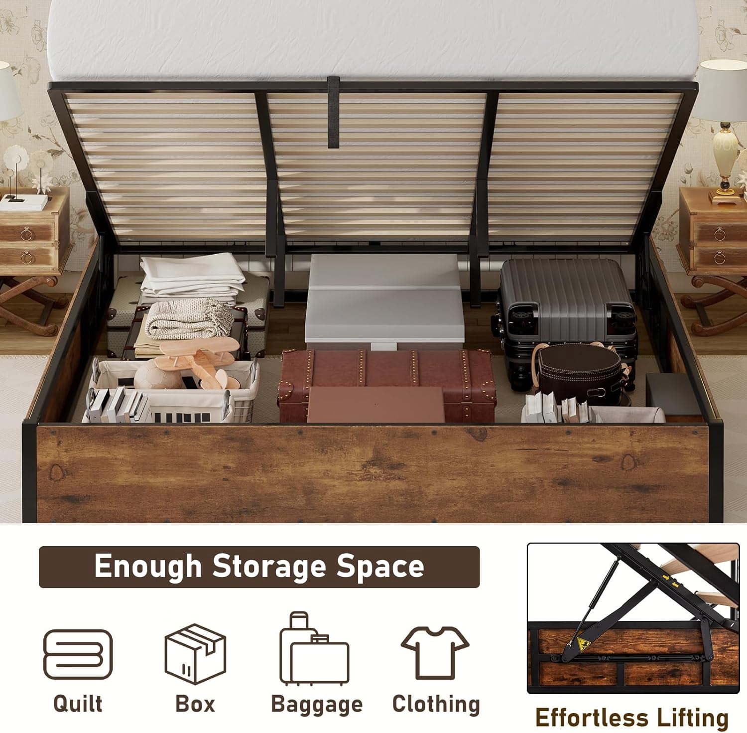 VanAcc King Size Lift Up Storage Platform Bed Frame, Metal Bed Frame with Wooden Slats Support, Large Storage Space, Easy Assembly, Rustic Brown
