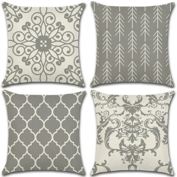 Boho Style Grey and White Pattern Style, Cotton Linen Fabric Decorative Indoor Outdoor Throw Pillow Cover Set 18x18