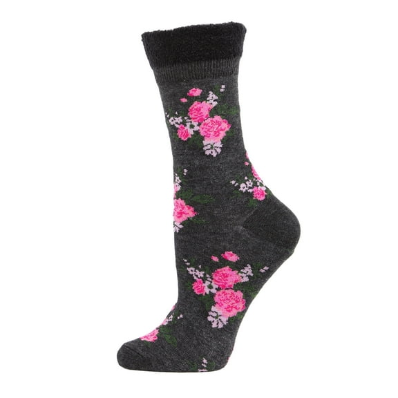 MeMoi Women's Rosie Chenille Cuff Embroidered Flower Crew Socks - Womens - Female, One Size, Charcoal
