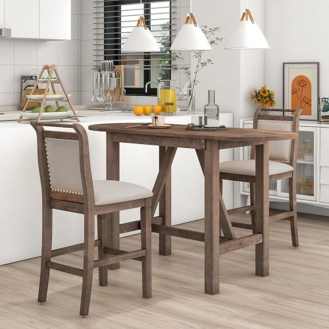 Mesa de comedor de la hoja de la altura del contador de madera de 3 piezas con 2 sillas de comedor tapizadas para un lugar pequeño