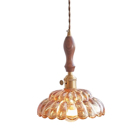 Japanese Style Walnut Wood Glass Pendant Light, Vintage Farmhouse Hanging Lamp, Rustic Ceiling Lighting Fixture for Kitchen Island Sink Dining Table Bar Counter Entrance Laundry Room