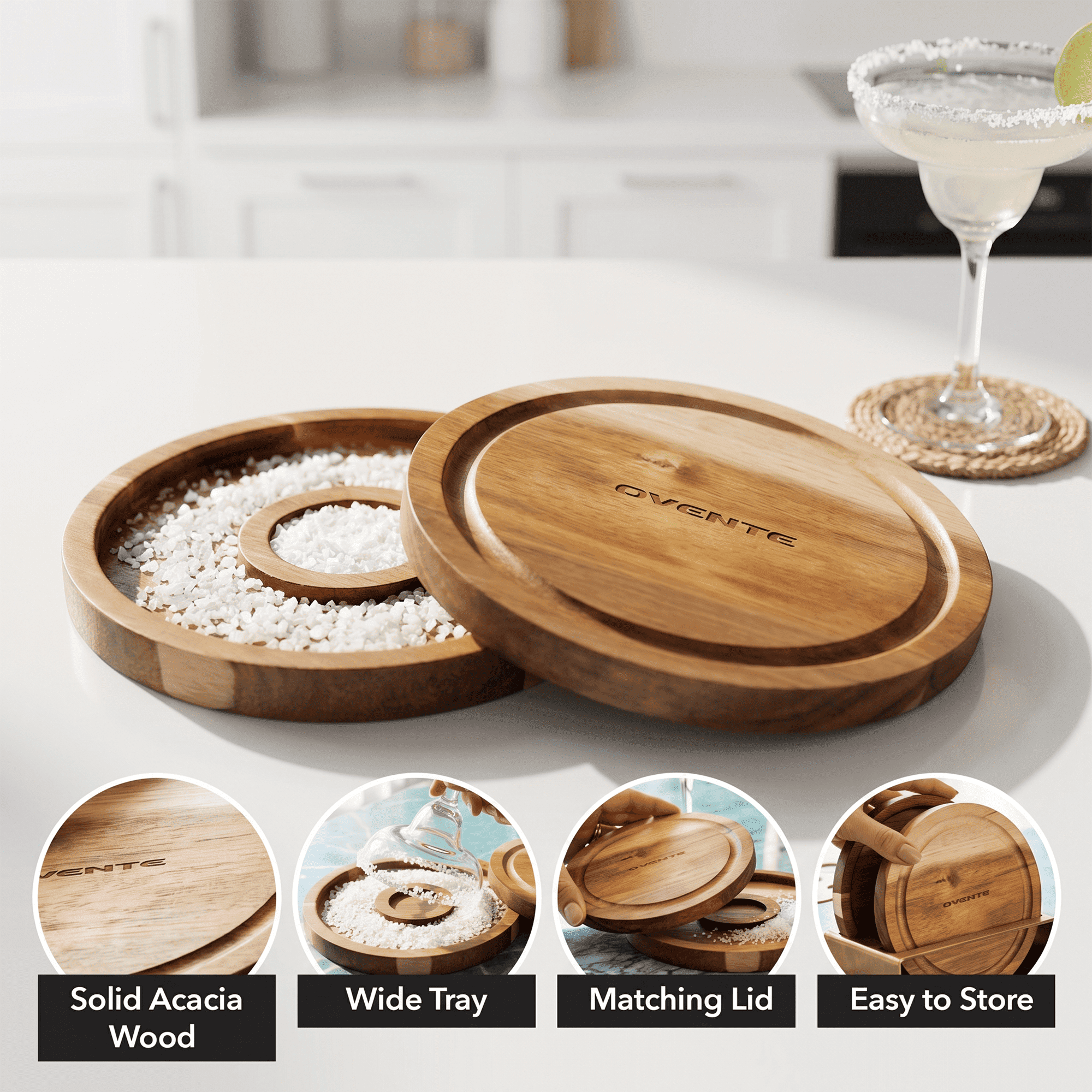 OVENTE Margarita Salt and Sugar Rimmer with Lid, Brown AWCR616B | Acacia Wood Glass Rimmer for Cocktail Drinks, Mess-Free Bar Salt Container, Bartender Tool for Coating Mojito & More