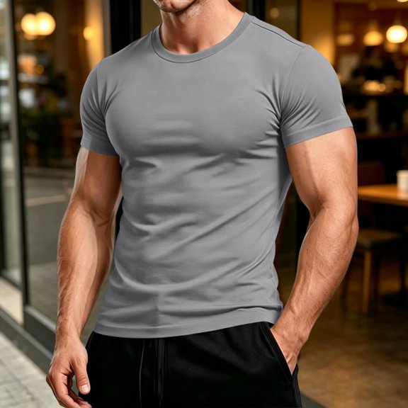 EANJE Men's T-Shirt Short Sleeve Crew Neck T-Shirt Casual Solid Color Outdoor Running Sports Breathable Tees or Daily Workout Wear Light Gray M
