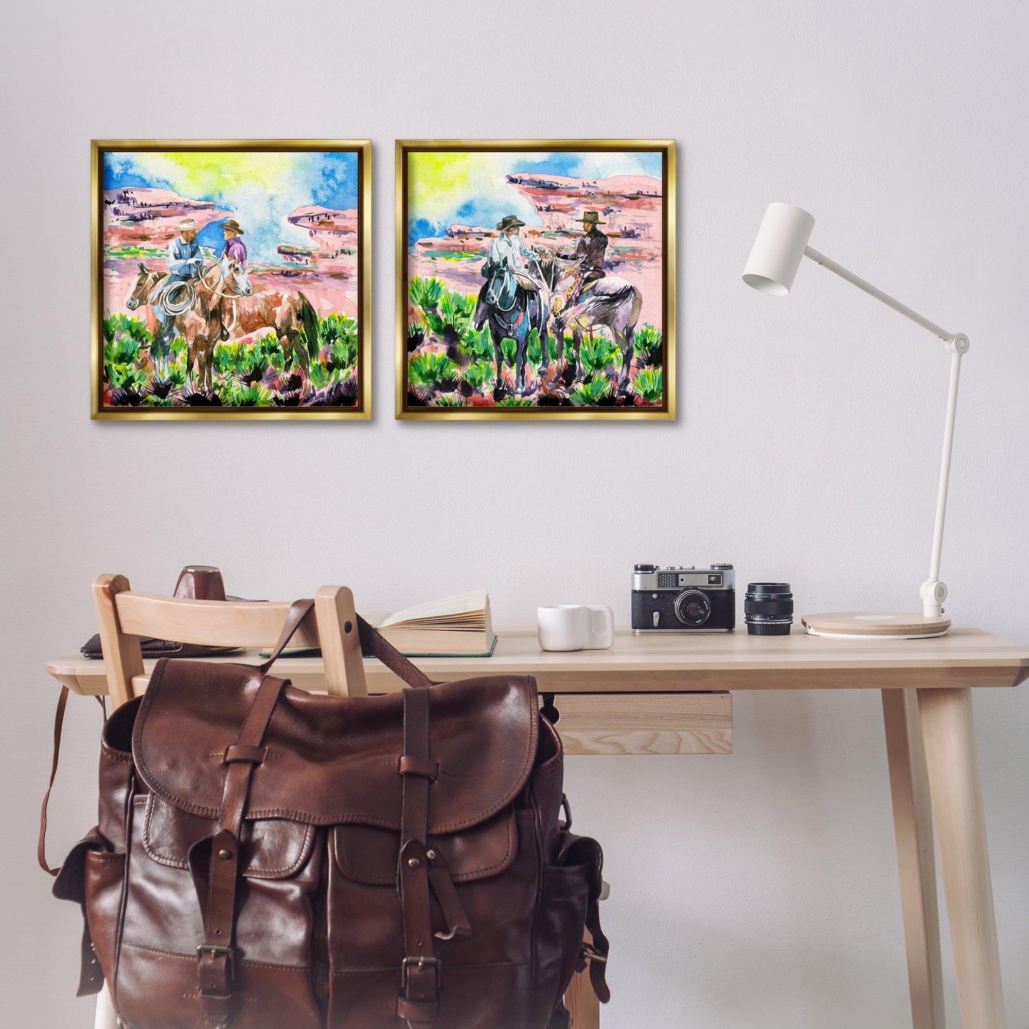 Stupell Industries Cowboys Under Western Sun Landscape & Nature Painting Gold Floater Framed Canvas Art Print Wall Art, 18 x 18, Set of 2