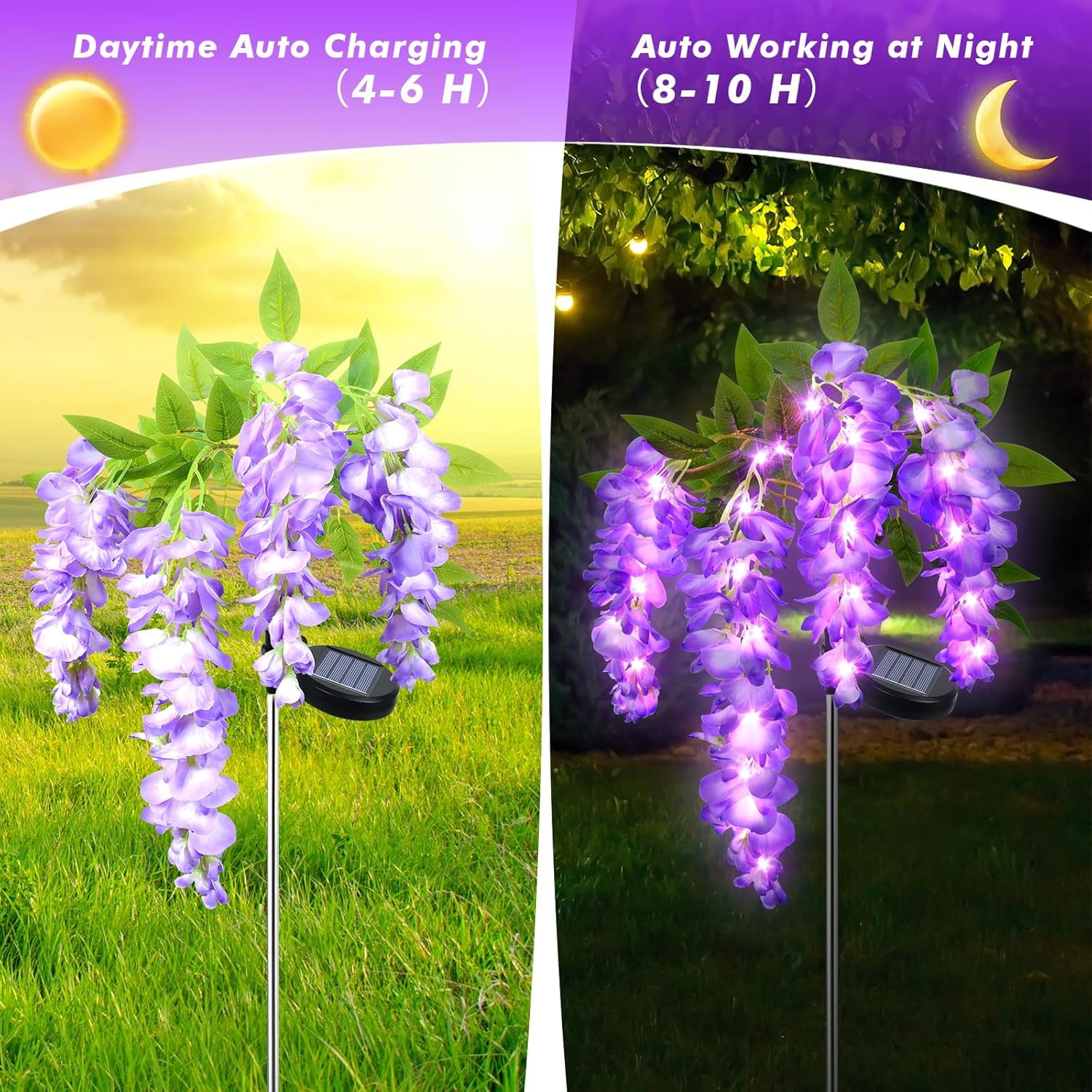 Ninonly Solar Garden Lights, 2 Pack Solar Pathway Lights, 2 Lighting Modes Solar Wisteria Flowers Lights Outdoor Waterproof for Landscape Courtyard