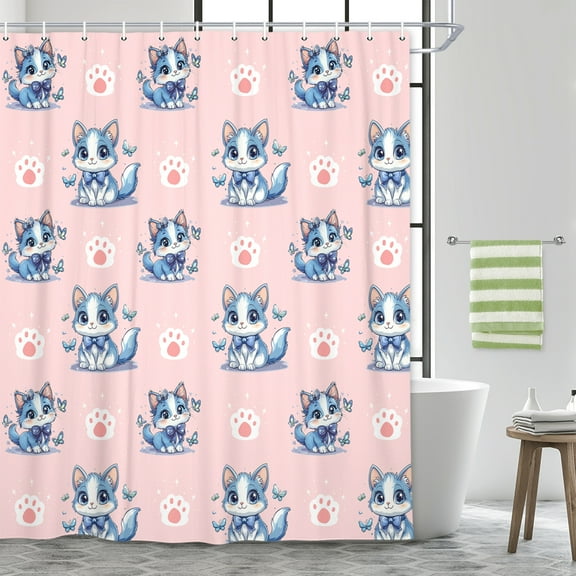 Cartoon Kitten Shower Curtain, Cute Cartoon Pet Kitten Cats Bathroom Shower Curtain Set, Cat Paw Print Cat Lover's Minimalist Animal Themed Design Pink Watercolor Shower Curtain for Kids with Hooks