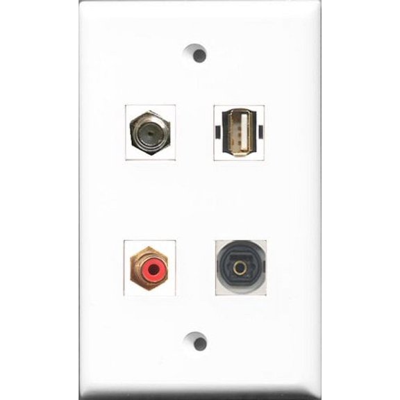 RiteAV 1 Port RCA Red and 1 Port Coax Cable TV- F-Type and 1 Port USB A-A and 1 Port Toslink Wall Plate