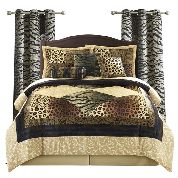 Lanco Brown Gold Leopard Comforter Set King Size, 9 Piece, Short Plush Print Home Decor, Matcking Bed Skirt, Pillows & Shams, Curtains , All Season Bedding Set