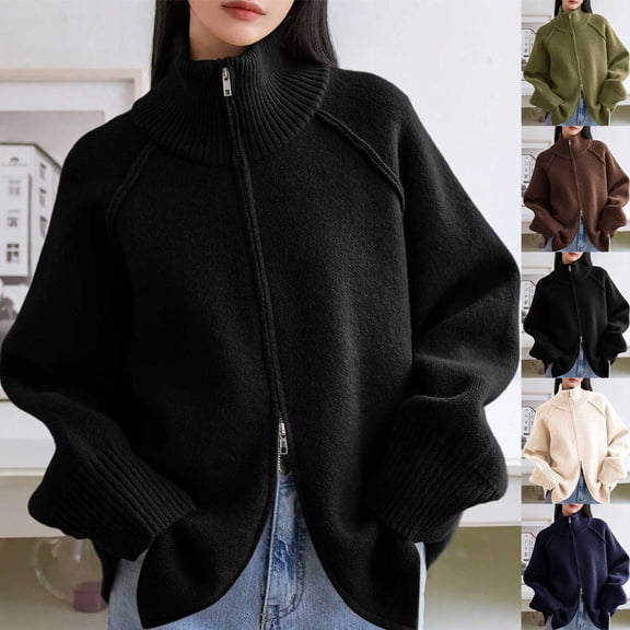Xuniizn Cardigan Sweaters for Women Knit Zip Up Long Sleeve Cotton Sweater Tops Fashion Work Causal Stand Up Collar Cardigan Jacket Outfits Clothes