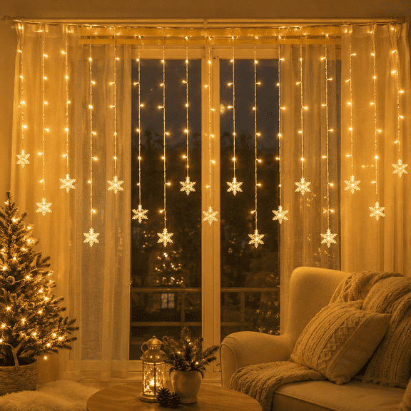 Laybasic Christams Snowflake LED Curtain String Lights, 96 LED 11.5ft 8 Modes Connectable Icicle Window Fairy Lights for Christmas Holiday Party Patio Yard Wall Decor, Warm White)