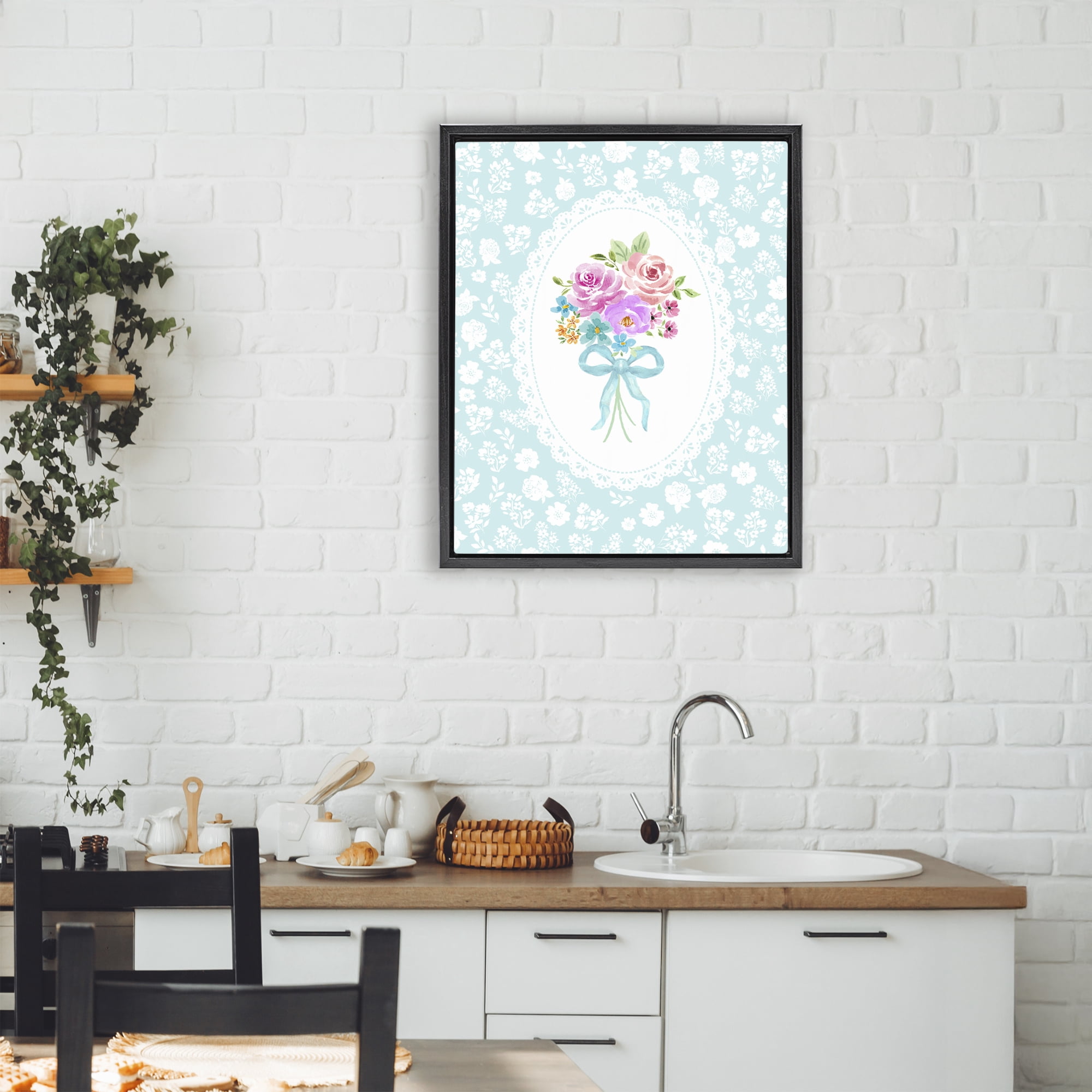Stupell Industries Aqua Feminine Bouquet Black Framed Floater Canvas Wall Art, design by Corinne Haig