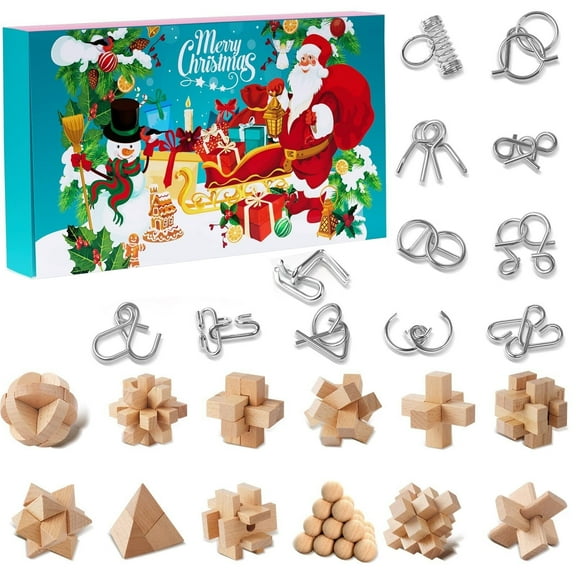 2025 Christmas Advent Calendar 24 Pcs Metal & Wood Puzzle Brain Teaser Puzzles For Teens S Older Kids Family Brain Challenge Toys