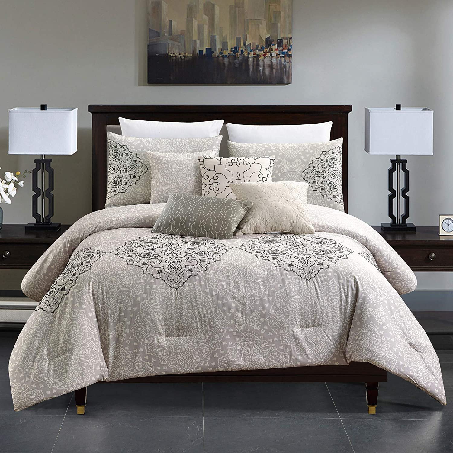 7Pcs Luxury Modern Stripe Bedding Comforter Sets Sage/Coffee California King 