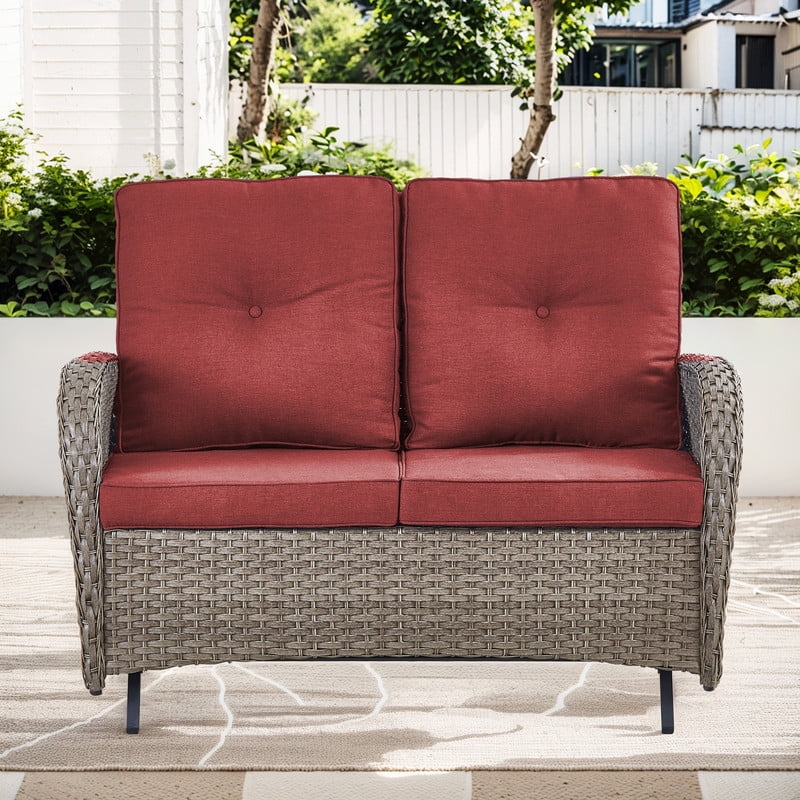 PARKWELL 7-Piece Outdoor Patio Conversation Set,Wicker 6-Seat High Back Furniture with Glider Loveseat, Swivel Gliders, Ottomans and Coffee Table,Gray Wicker Red Cushions