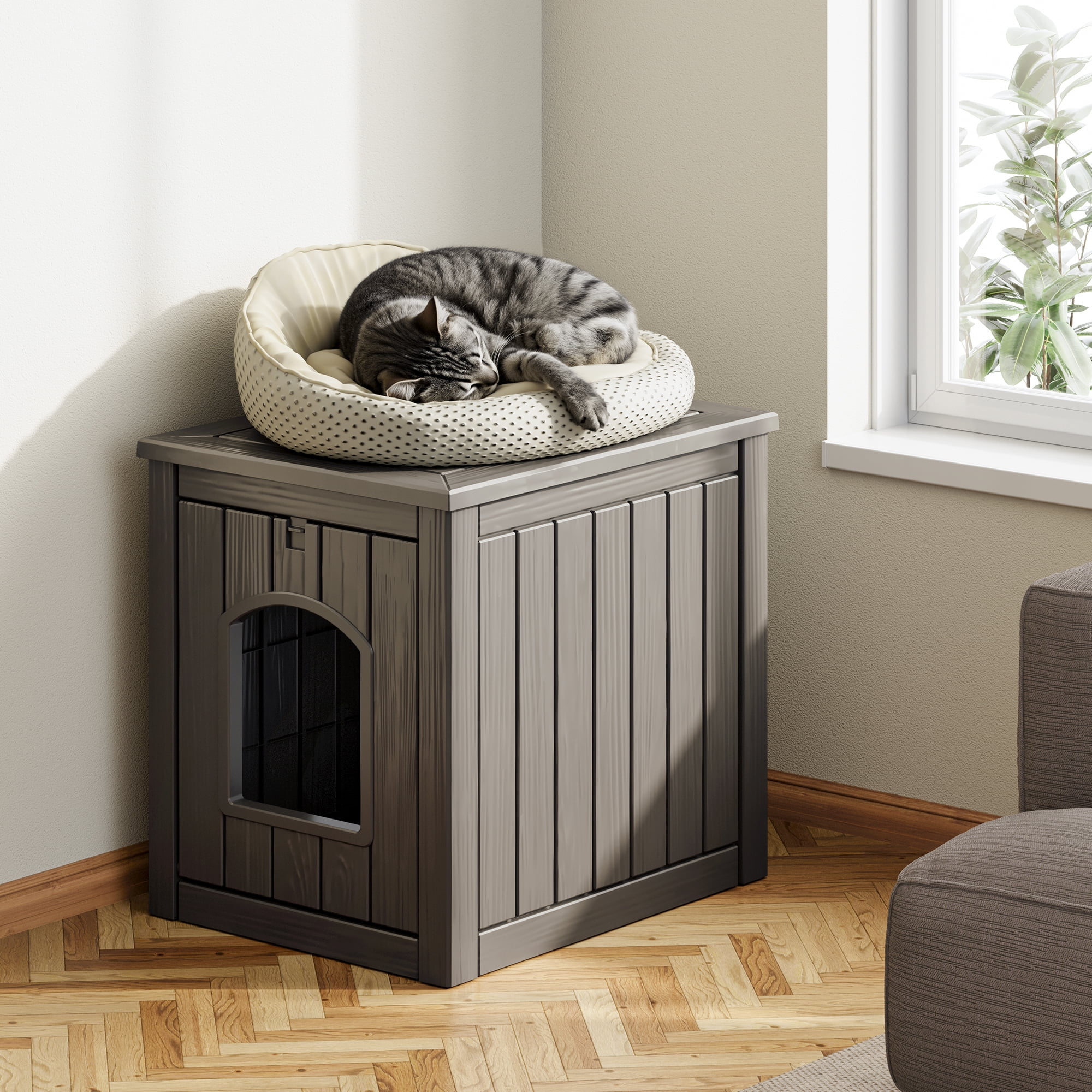 Bifanuo Outdoor Cat House, Weatherproof Insulated Shelter for Feral Cats & Kittens, Durable PP Pet House for Garden & Patio (Gray)