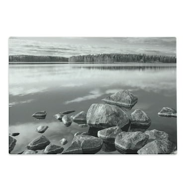Black and White Cutting Board, Rocks in Water at Shore of Lake Autumn Isolation Tranquility Environment, Decorative Tempered Glass Cutting and Serving Board, Large Size, Black White, by Ambesonne
