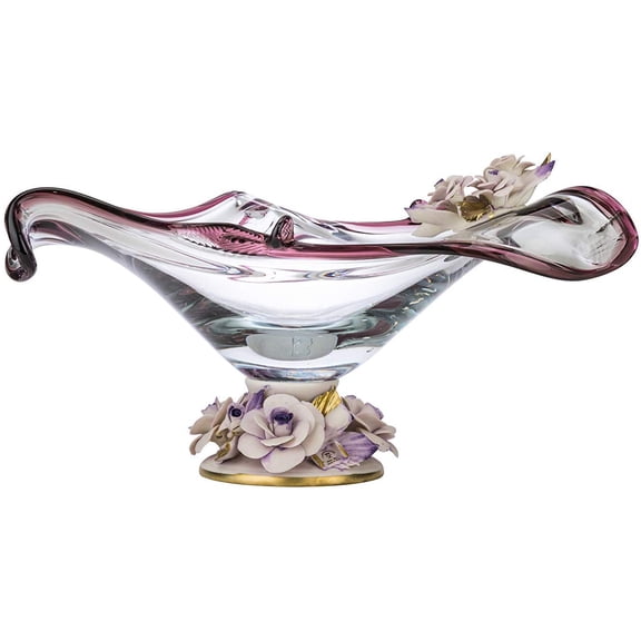 White Crystal WCN3160/BNA, Clear Decorative Murano Fruit Bowl, 18" x 8" Luxury Candy Vase, Floral-Themed Dessert Bowl