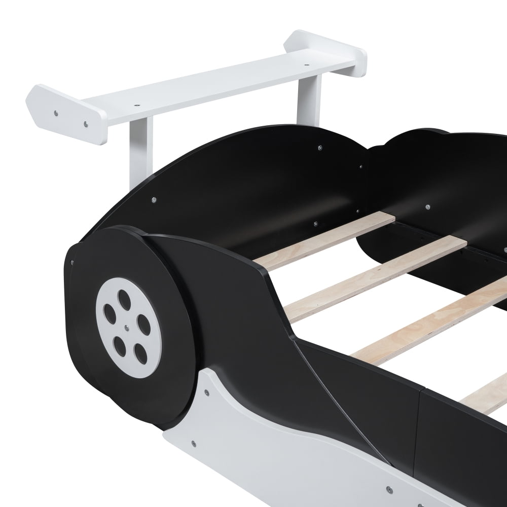 AUU Twin Size Race Car-Shaped Platform Bed with Decorative Wheels, No Box Spring Needed