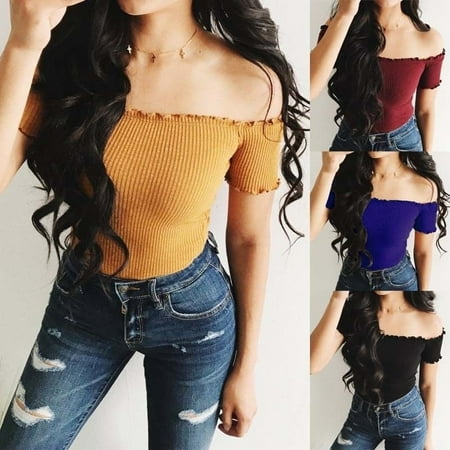 - Fashion Women Off Shoulder Crop Top Short Sleeve Shirt Blouse Sweater T-shirt Tops S-XL