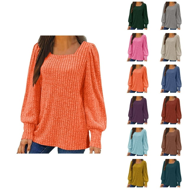 Fall Shirts for Women 2025 Solid Color Ribbed Knit Square Neck Sweater Tops Blouse Long Sleeve Shirts for Women