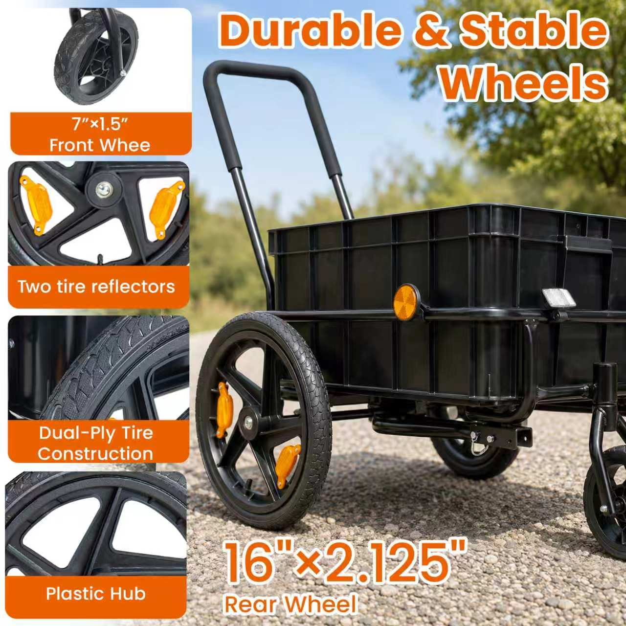2-in-1 Bike Trailer Pushcart 154 lbs Capacity 16 Wheels Waterproof Cover Adjustable Handle
