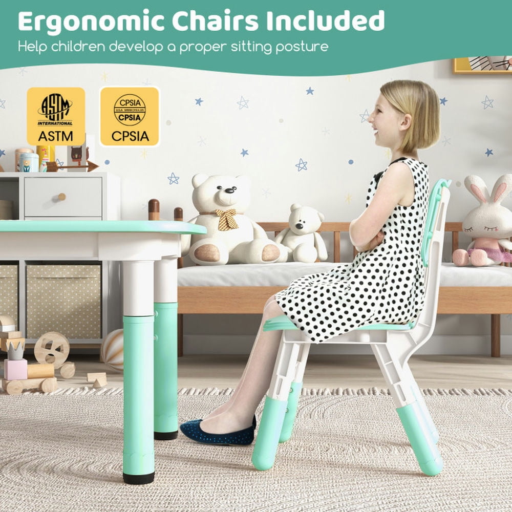 Resenkos Kids Table and Chairs Set for 4 with Graffiti Desktop-Green, Small Folding Table for Arts & Crafts, Snack Time, Homeschooling, Homework