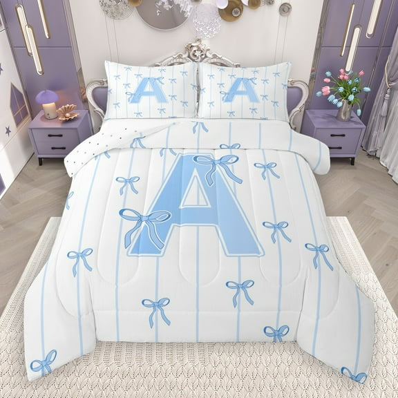 Castle Fairy Monogrammed Letter A 2Pcs Bedding Comforter Set for Teens Boys Girls,Kawaii Bow Twin Comforter Sets,Geometric Stripes Breathable Bedding Set,Super Cozy Room Decor