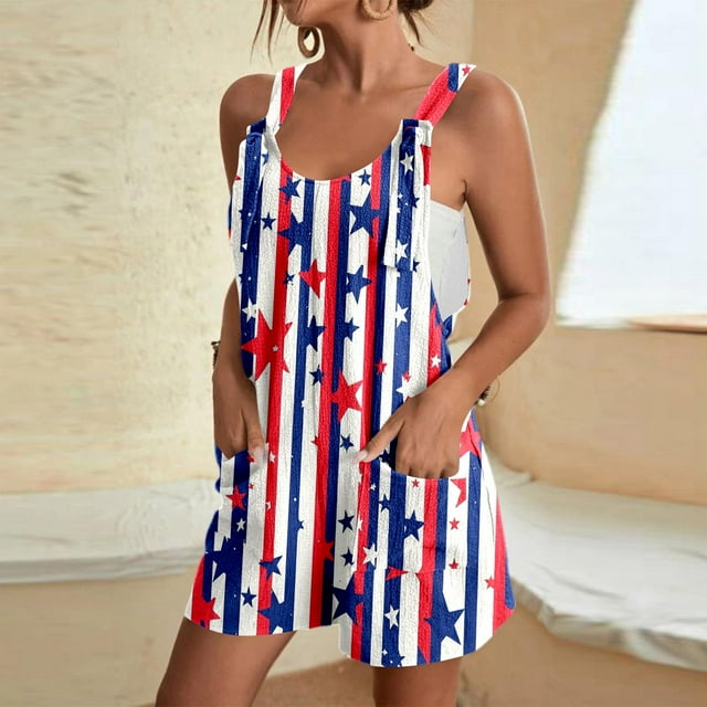 WILLBEST Combinaison Patriotique pour Femmes 4 Juillet Sans Manches Tenue d'Été Décontractée avec Bretelles et Poches Réglables