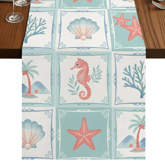Summer Ocean Coastal Burlap Cotton Table Runner 13x72 Inches Long, Tropical Palm Tree Seahorse Coral Starfish Farmhouse Table Runners, Outdoor Dining Tablecloths Decor for Baby Shower/Party/Wedding