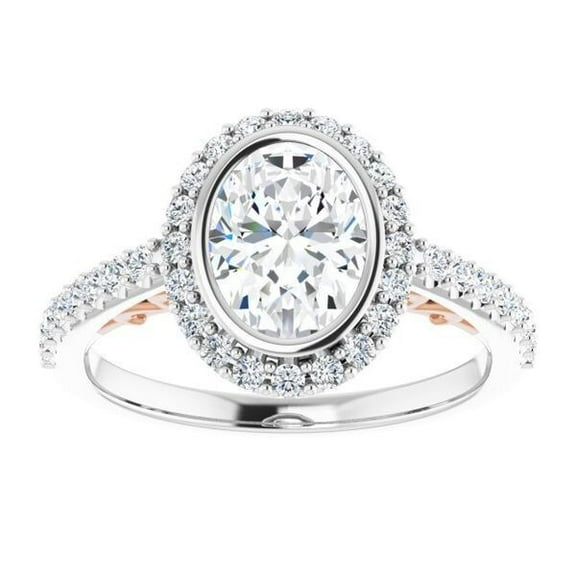 Two Tone Metal Ring, Bezel Set Oval Cut Diamond Engagement Ring, Halo Diamond Wedding Ring, Surprise Diamond Ring, Solitaire With Accents Ring, 14K White Gold Plated, 2.4 Ct Simulated Diamond