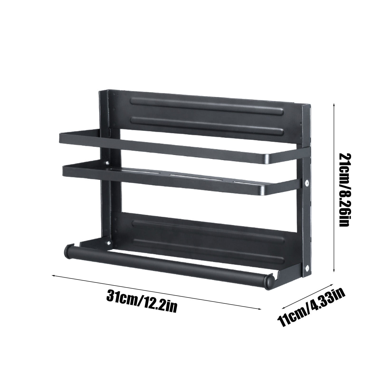 CasaChic Folding Magnetic Refrigerator Shelf, Iron Wall Mounted Organizer with Partitioned Storage, Raised Guardrail & Movable Hooks, Space Saving for Kitchen Clingfilm & Seasoning Bottles