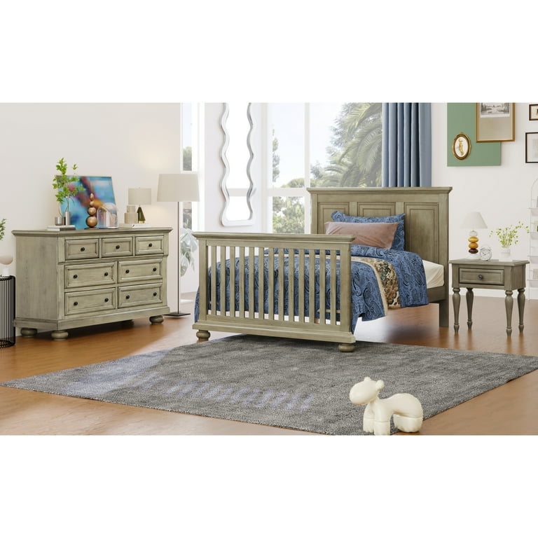 3 Pieces Nursery Sets Traditional Farmhouse Style Full Bed Nightstand Dresser Stone Gray 89AAE Walmart