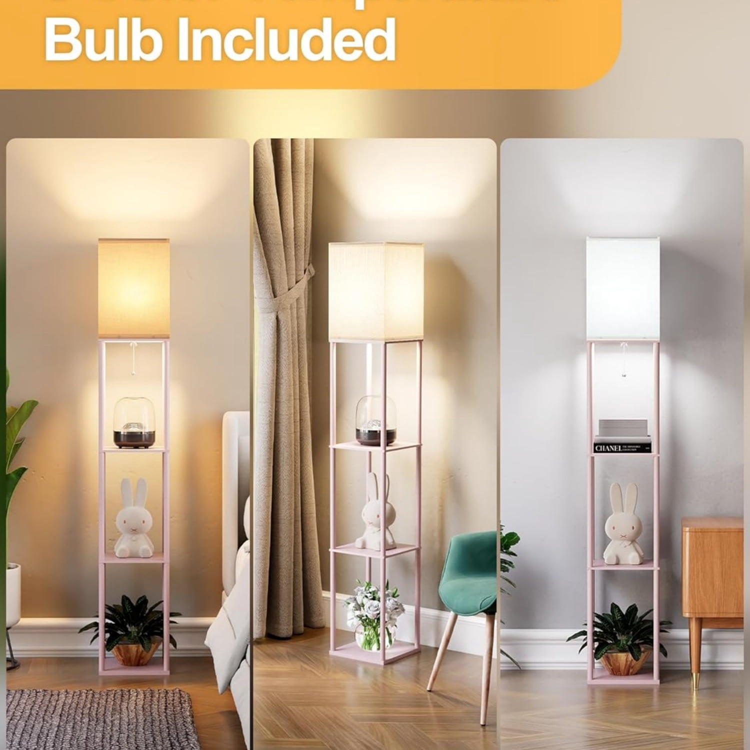 Pink Floor Lamp with Shelves for Living Room, Shelf Floor Lamp with 3 CCT LED Bulb, Corner Display Standing Column Lamp Etagere Organizer Tower Nightstand with White Linen Shade for Bedroom, Office