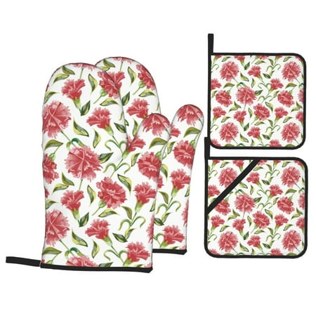 

Oven Mitts and Pot Holders Sets 4 pcs - Pink Carnations Flowers Heat Resistant Silicone Oven Gloves with Non-Slip Silicone Surface and hot pads for kitchen Baking Cooking BBQ