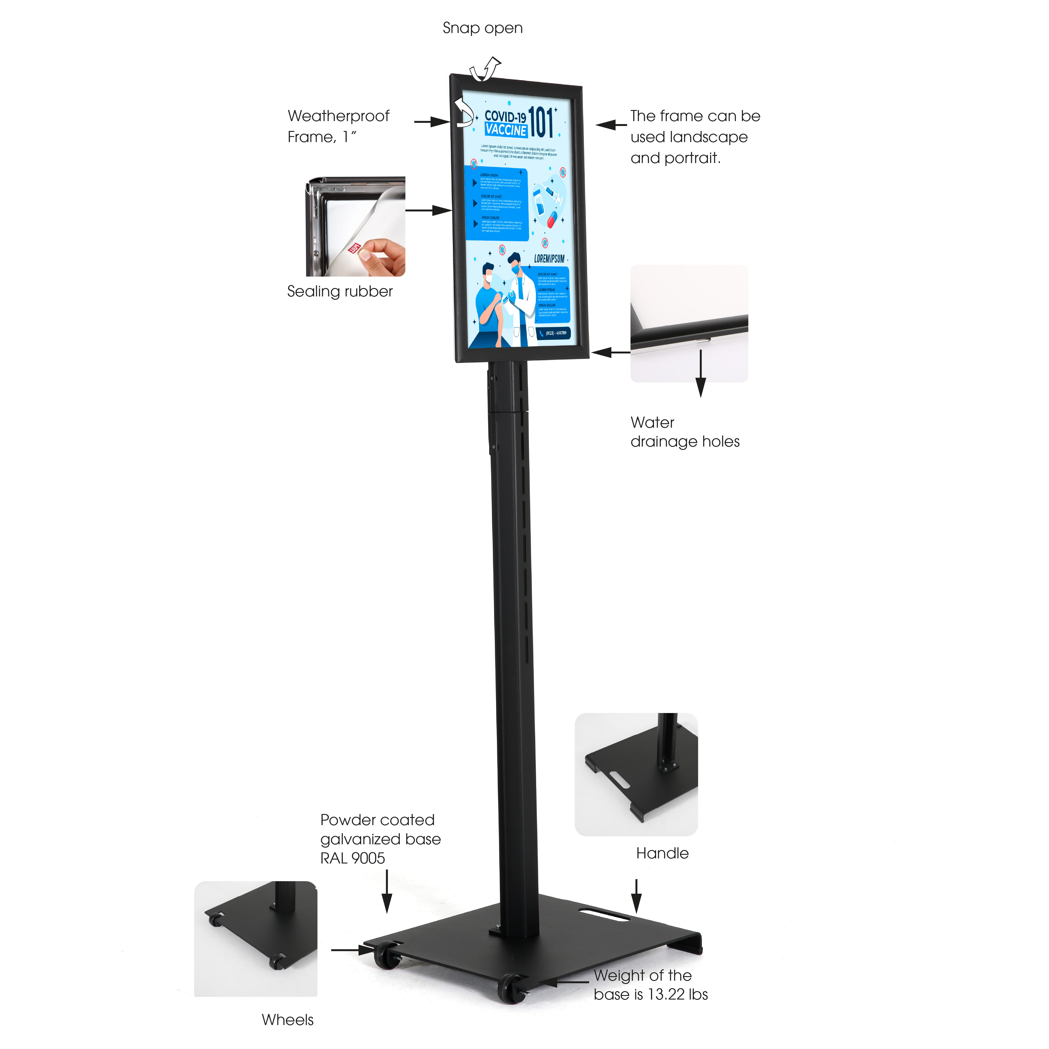 M&T Displays Sign Holder Stand, Black 18x24 Inch Poster Frame Double Sided  Slide-In Aluminum Easy Loading Floor Standing Pedestal Advertisement Post