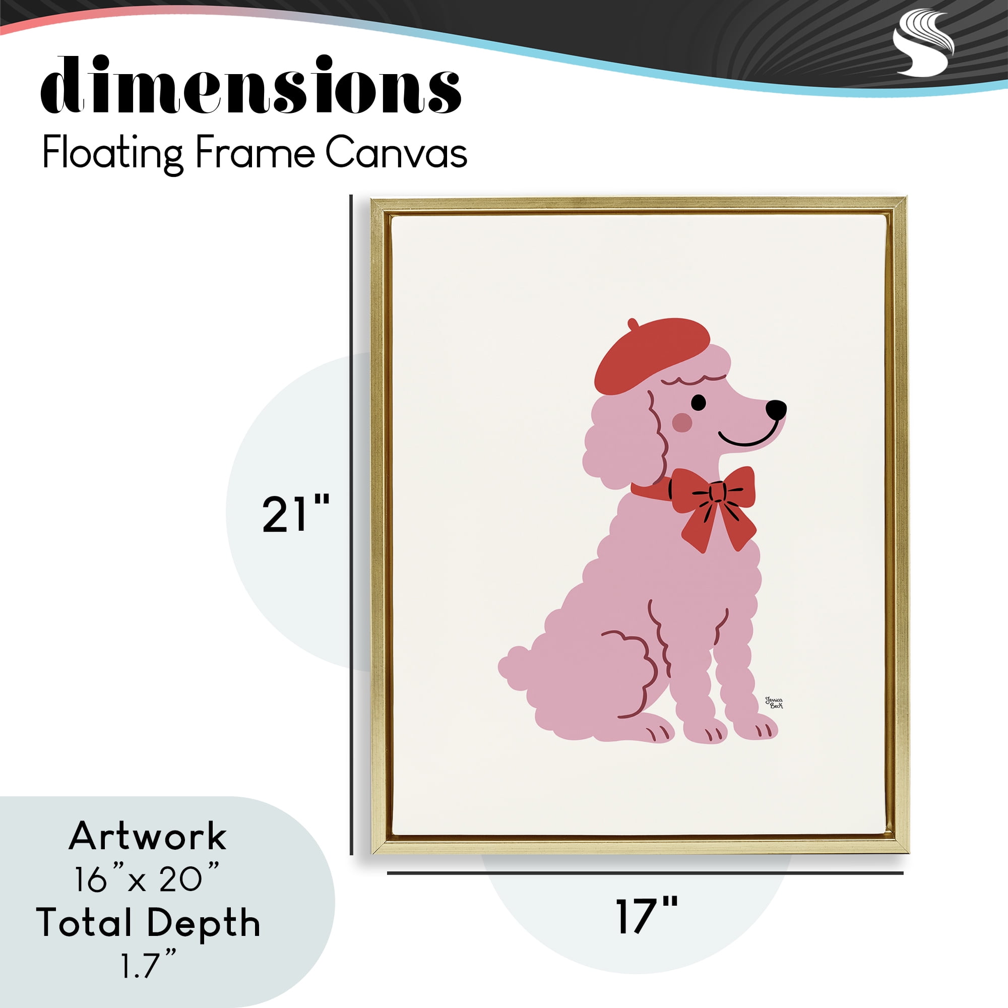 French Poodle in Beret Gold Framed Floater Canvas Wall Art, design by Jessica Beck