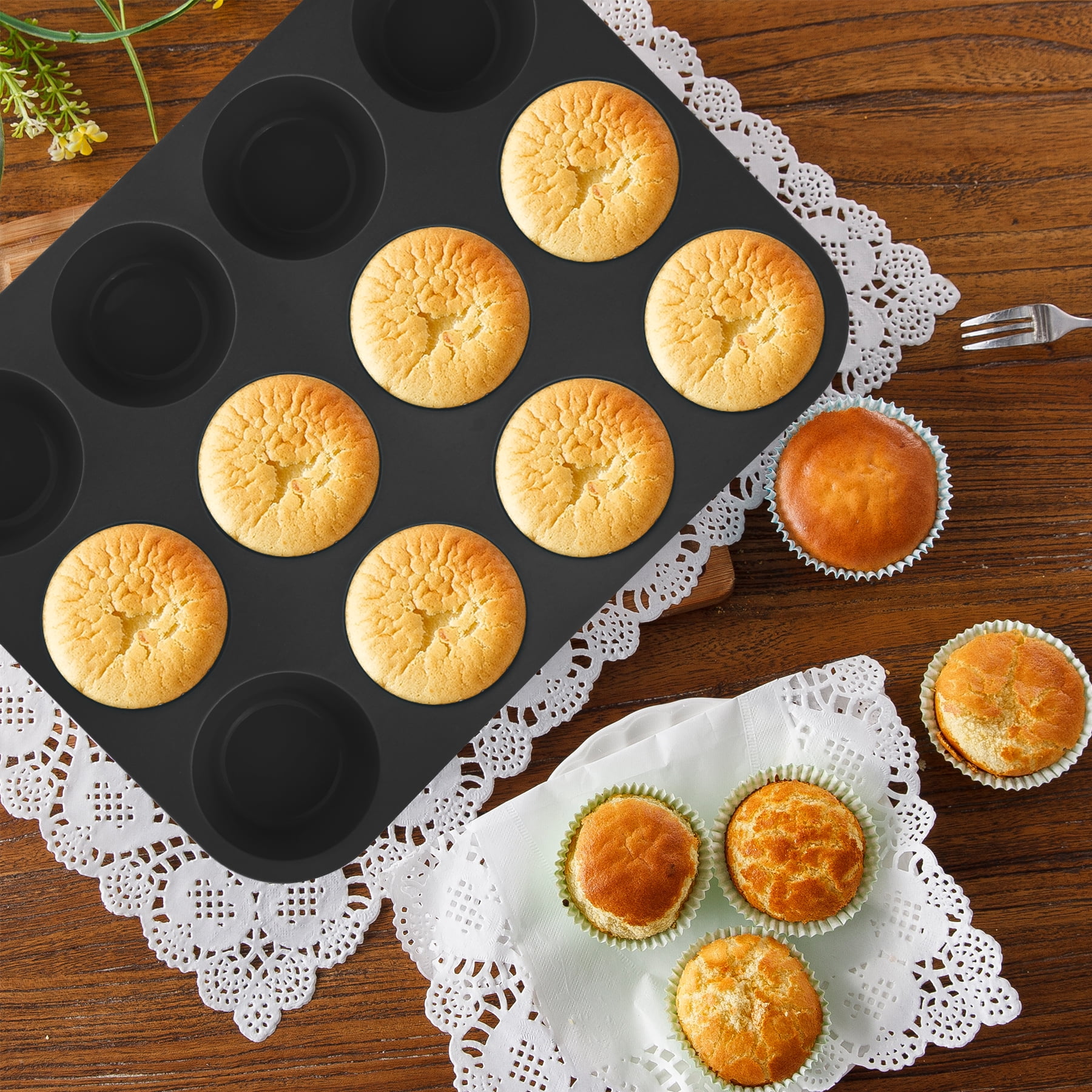 9in1 Nonstick Silicone Baking Fluted Cake Pan Cookie Sheet Molds Tray Heat Resistant Bakeware Tools Kit for Muffin Loaf Bread Pizza CupcakeUtensil（Black）