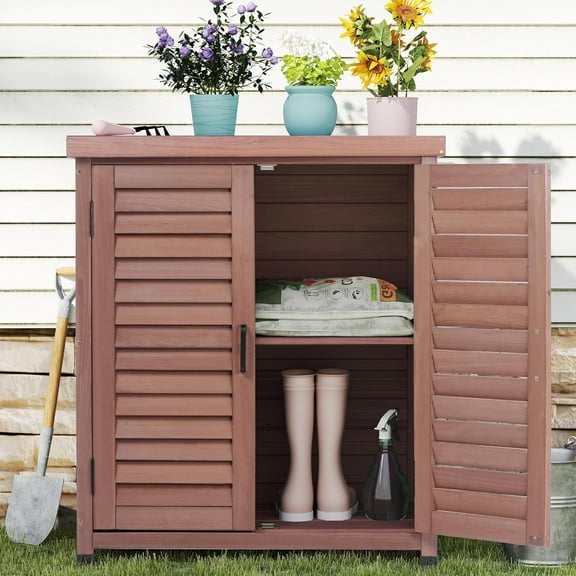 Outdoor Potting Bench with Storage Cabinet and Metal Top, Wood Workstation for Outdoor Patio, Garden (Coffee Brown, 31x17x36‘’)