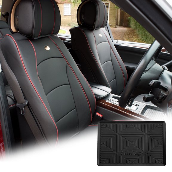 FH Group Black Leatherette Front Bucket Seat Cushion Covers for Auto Car SUV Truck Van with Black Dash Mat Combo