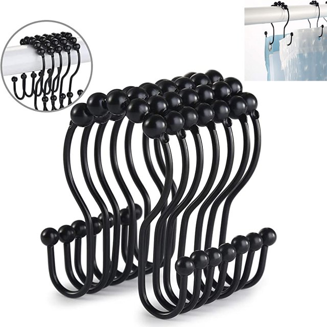 cortina de ducha, rodillo de acero inoxidable, resistente al óxido, deslizante, ganchos dobles para cortina de baño (negro) XianweiShao 8390615104937